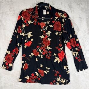 Vintage 90s Y2K Black Red Floral Stretchy Long Sleeve Collared Top Size L